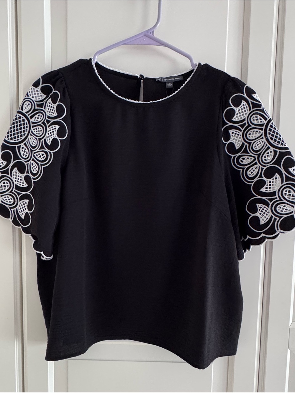 Adrianna Papell Black Top with White Embroidered Puff Sleeves